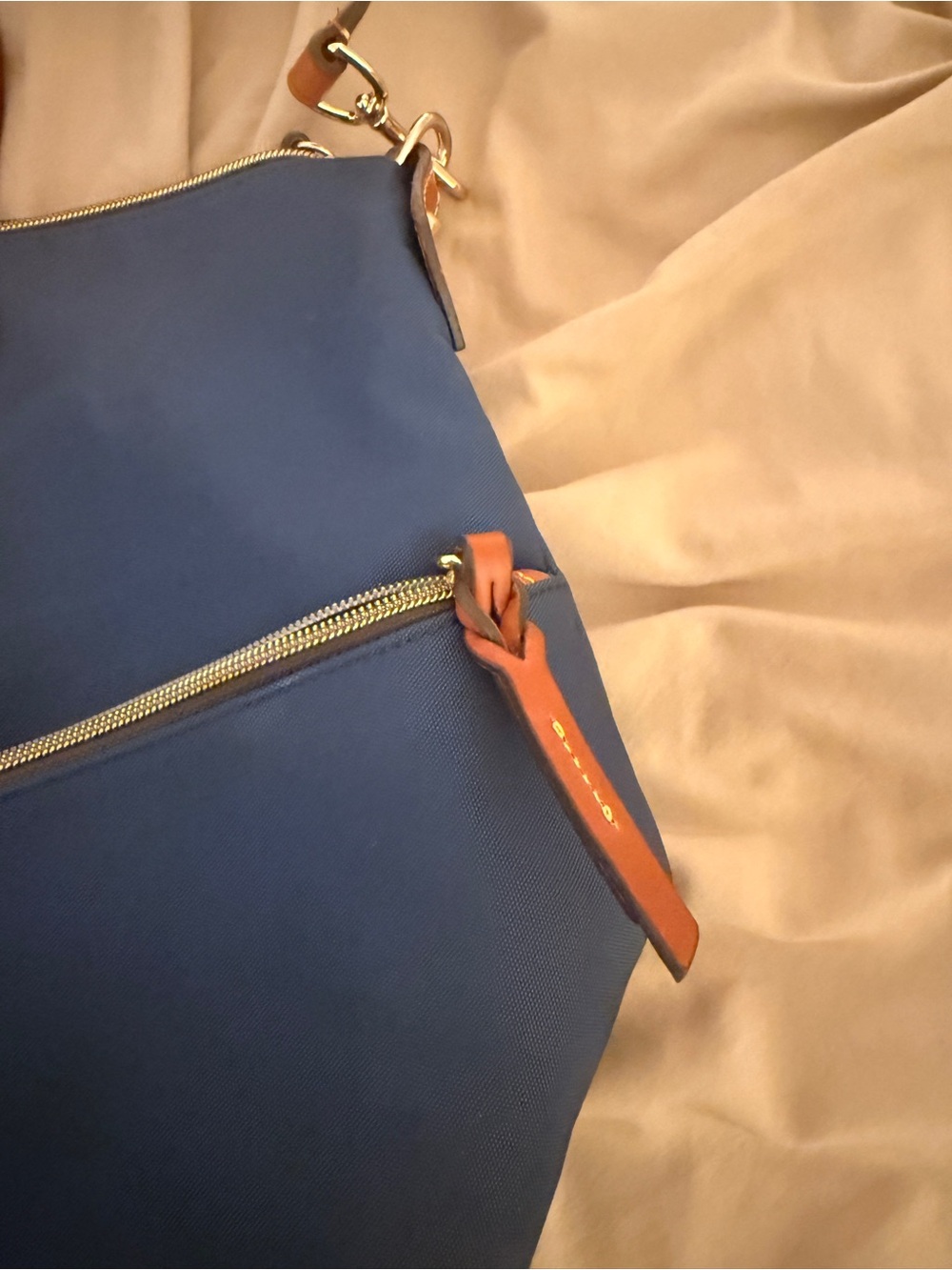 Blue Women's Tote Bag with Brown Trim - Picture 4 of 11